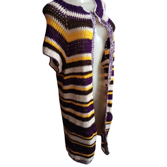 Medium Vtg 1970's Women's Handmade Striped Multicolor Open Front Knit Cardigan - Picture 1 of 7
